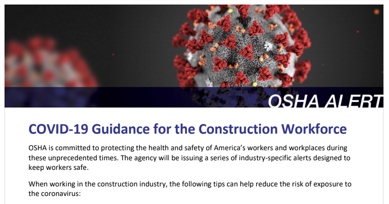 OSHA Alert - COVID-19 Guidance for the Construction Workforce | Safety ...